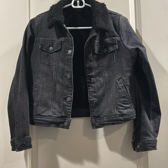 Art Class kid Sherpa lined black snap boxy denimJean jacket pockets size L 10/12 - Picture 1 of 8